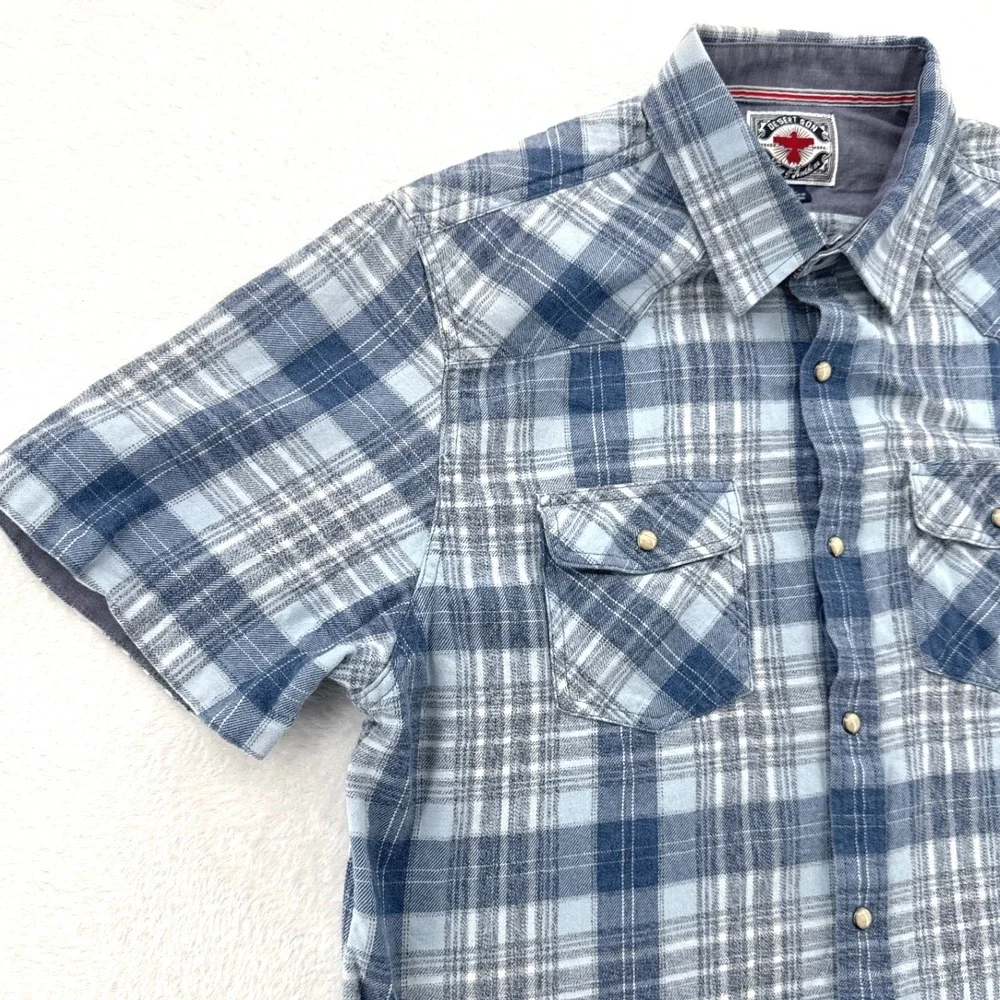 Desert Son Flag & Anthem Mens Western Shirt L Blue Plaid Pearl Snap Short Sleeve